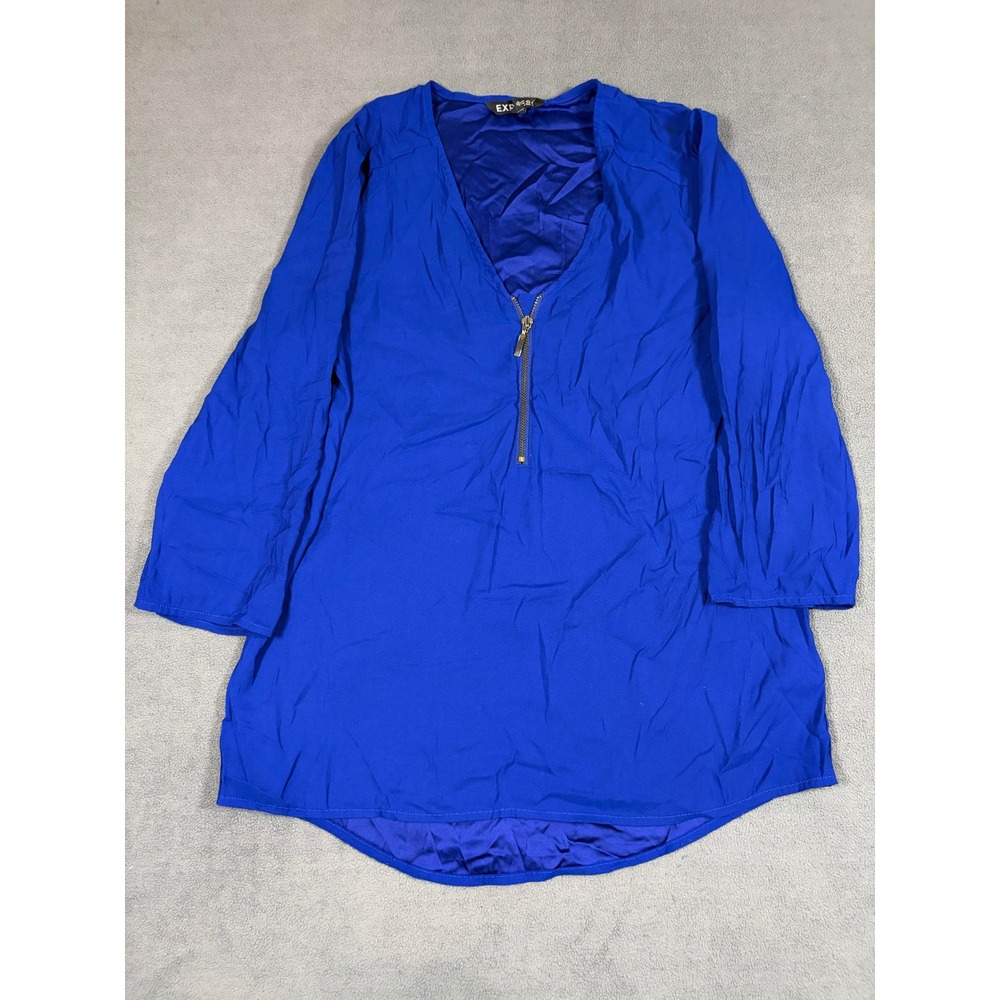 Express Blouse Womens XS Blue 3/4 Sleeve V-Neck Zip Front Tunic